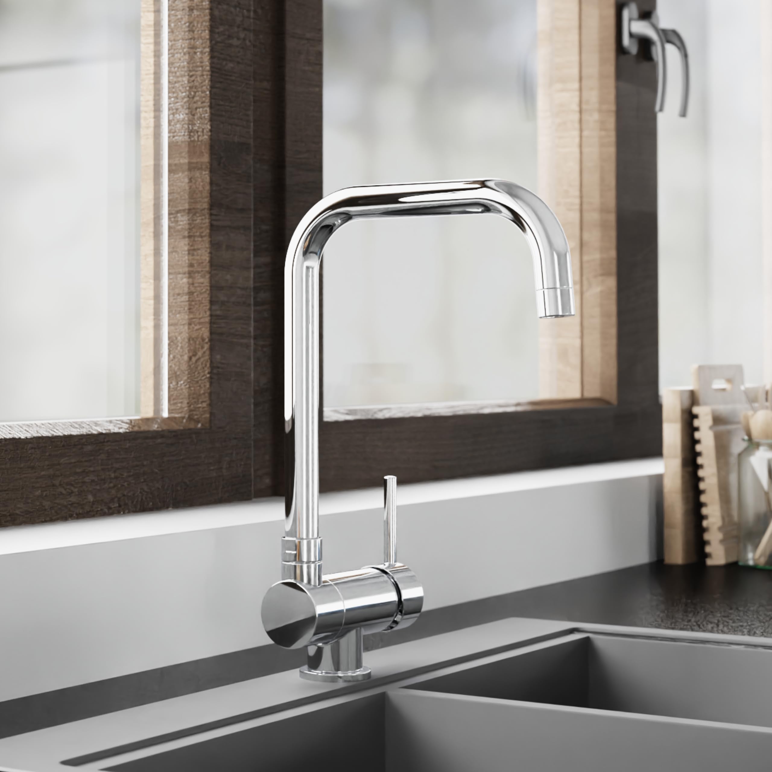 SCHÜTTE 24550 Robinet de Cuisine Window - Mitigeur Monocommandé Sous Fenêtre, Rabattable 360° Pivotant, Chromé
