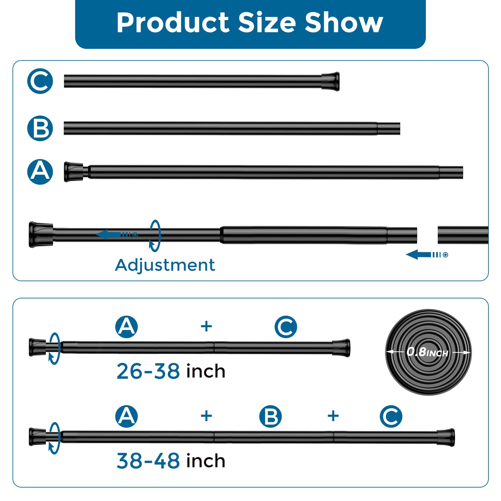 AIZESI Lot de 4 tringles à rideaux extensibles et réglables de 71 à 122 cm pour fenêtre, porte, placard, salle de bain, cuisine - Noir