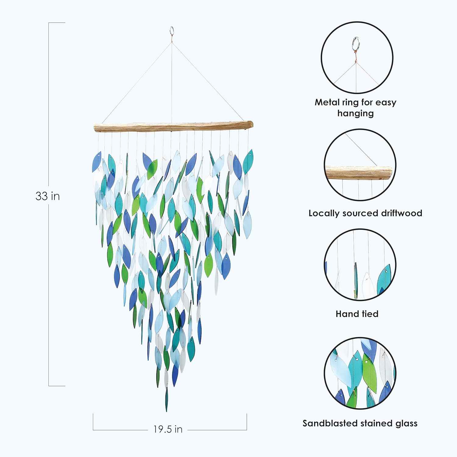Blue Handworks Premiere Ocean Waterfall & Driftwood Chime, Sandblasted Glass and Found Wood Handcrafted Wind Chime