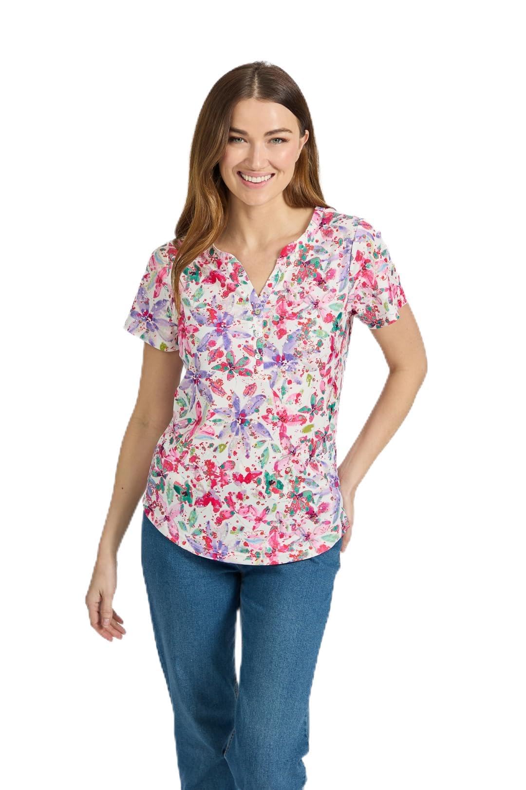 Mudflower Women's Pink ’S Floral V-Neck Button Top – Lightweight Casual Summer Blouse, Soft Everyday Top, Summer Tops, Tops