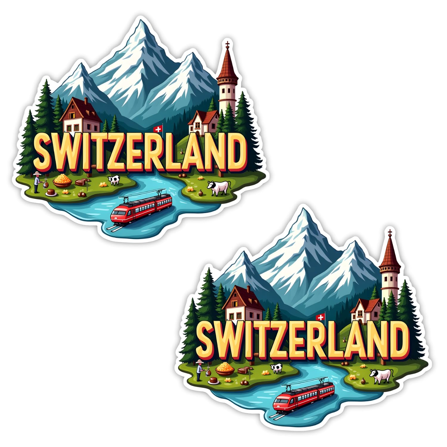 Naxon Switzerland Country Wooden Fridge Magnet | Alps Mountains & Snow Village Travel Souvenir | Home Kitchen Office Refrigerator Magnet | Multicolor Gift Size 3x3 Inch | Pack of 2