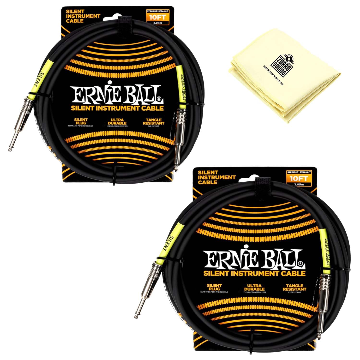 Ernie Ball Classic - Cable de instrumento silencioso recto/recto con paño para instrumentos Zorro, paquete de 2 (negro, 10 pies)