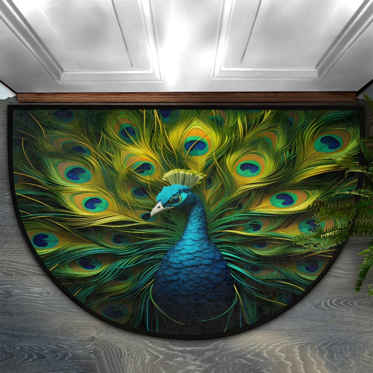 Beautiful Peacock Half Round Door Mat, Indoor Outdoor Doormat Absorbent Washable Half Circle Rugs for Entryway Outside Kitchen Home Decorative