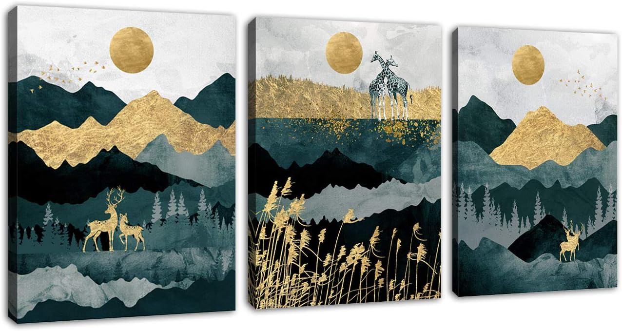 Abstract Wall Art Forest Mountain Canvas Wall Art for Bathroom Bedroom Nordic Style Modern Canvas Artwork Deer Giraffe Sunset Sunrise Canvas Pictures Daytime Framed Ready to Hang 12" x 16" x 3 Pieces