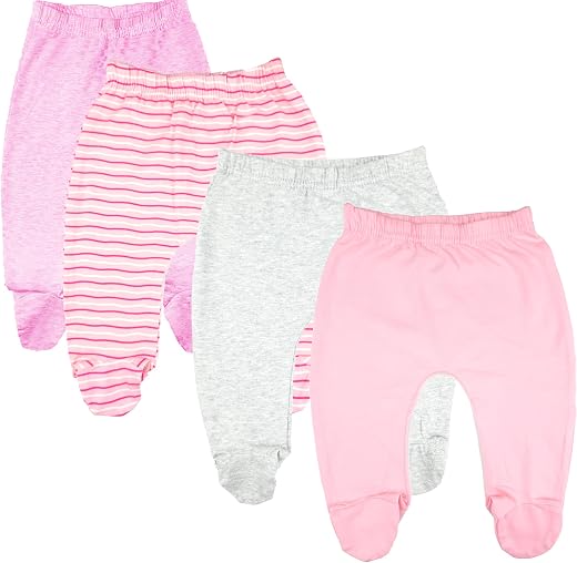 123 Bear Baby Soft Cotton Spandex Pants with Feet, Pink 4-pack, 0-3 Months