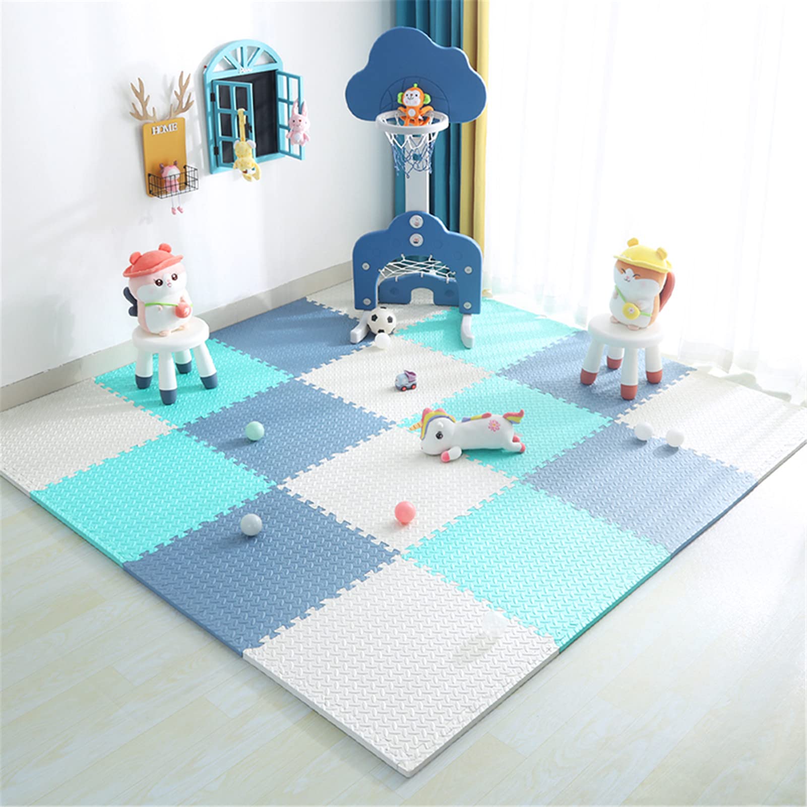 Tappetino da Puzzle Gioco per Bambini Schiuma, Tappetino ad Incastro Schiuma Morbida Eva Spessa 2,5 cm con Bordi per Soggiorno Giardino Esercizio Yoga,White+Aqua Green+Blue,32