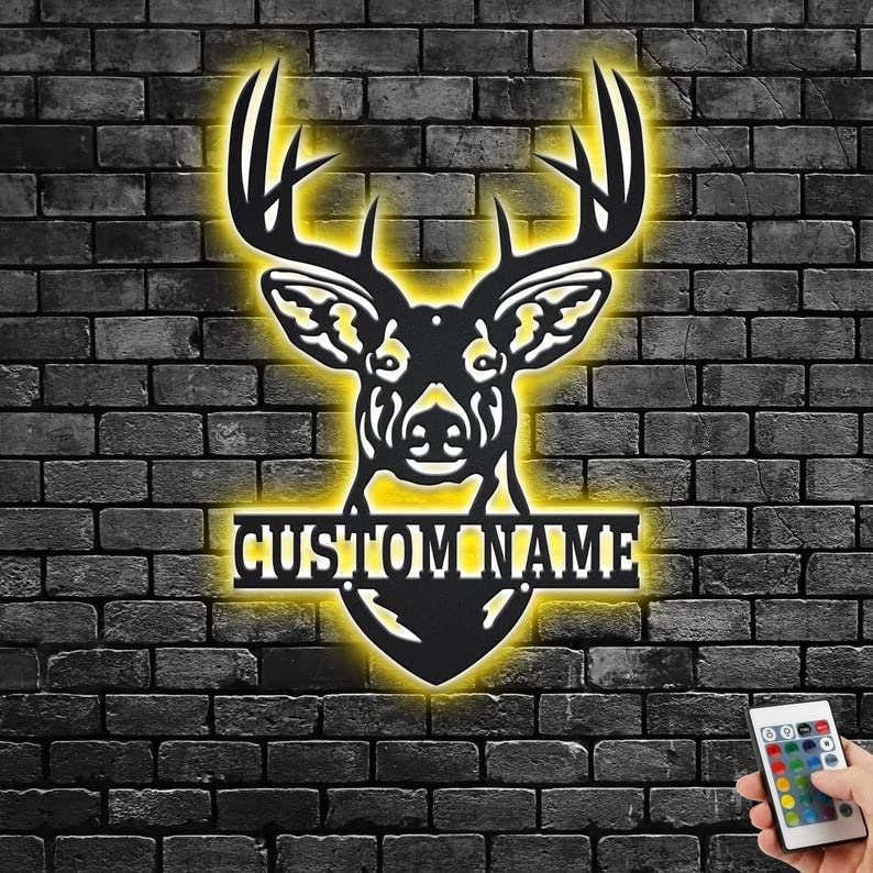 HUSSIO Custom Head Deer Hunting Metal Wall Art With LED Light, Personalized Deer Hunter Name Sign Decoration For Room, Deer Hunting Metal LED Decor (Metal Sign 9)