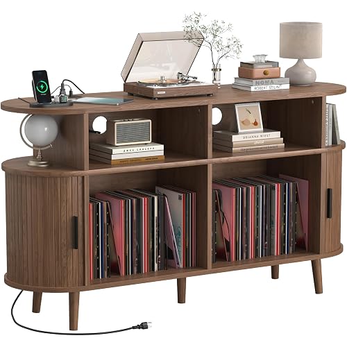 55-Inch Large Vinyl Record Rack with Charging Station, Mid-Century Walnut Record Storage Shelf, Open-Shelf Design with 3 Compartments, Vinyl Album Organizer for the Bedroom or Living Room