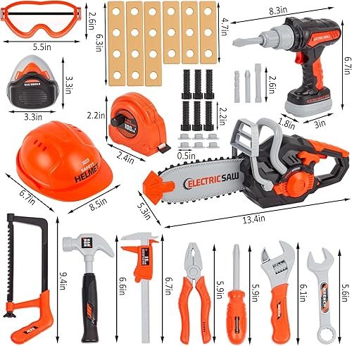 Miniatura 6 de Juego de herramientas para niños, 35 piezas, juego de herramientas para niños con motosierra de juguete electrónico y taladro de juguete,