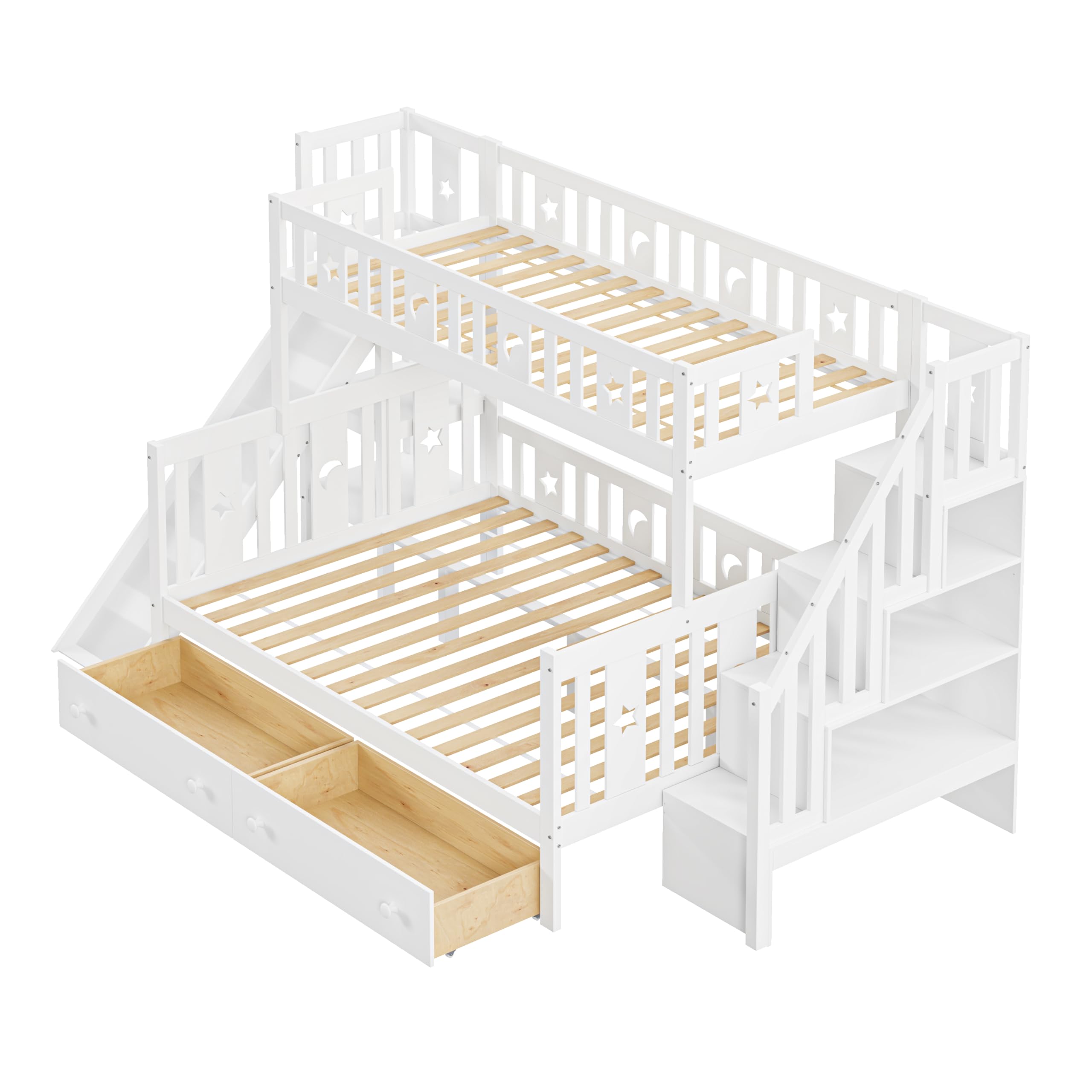 Massivholz-Etagenbett Kinderbett 90x200 & 140x200 für 2-3 Kinder, Multifunktionsbett mit Rutsche & Regalen, Hochbett mit Stauraum Treppe & 2 Schubladen, Stockbett Kinderhochbett Jugendhochbett, Weiß