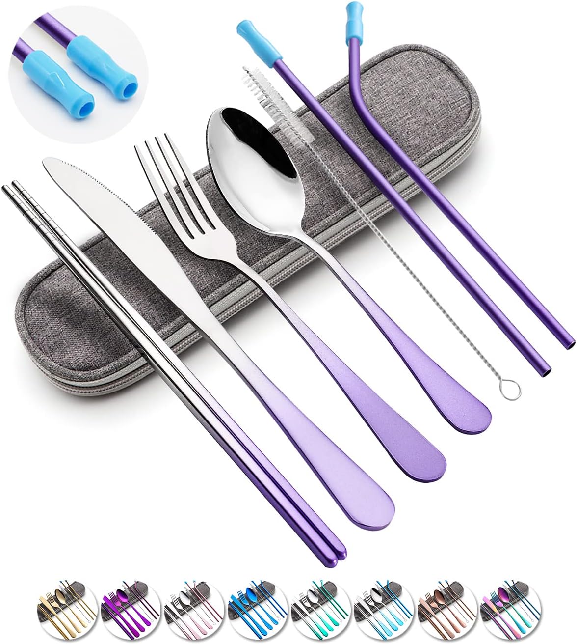 Travel Utensils Set with Case Reusable Portable Cutlery Set Stainless Steel 8pcs Including Dinner Knife Fork Spoon Chopsticks straws (Gradient Purple)