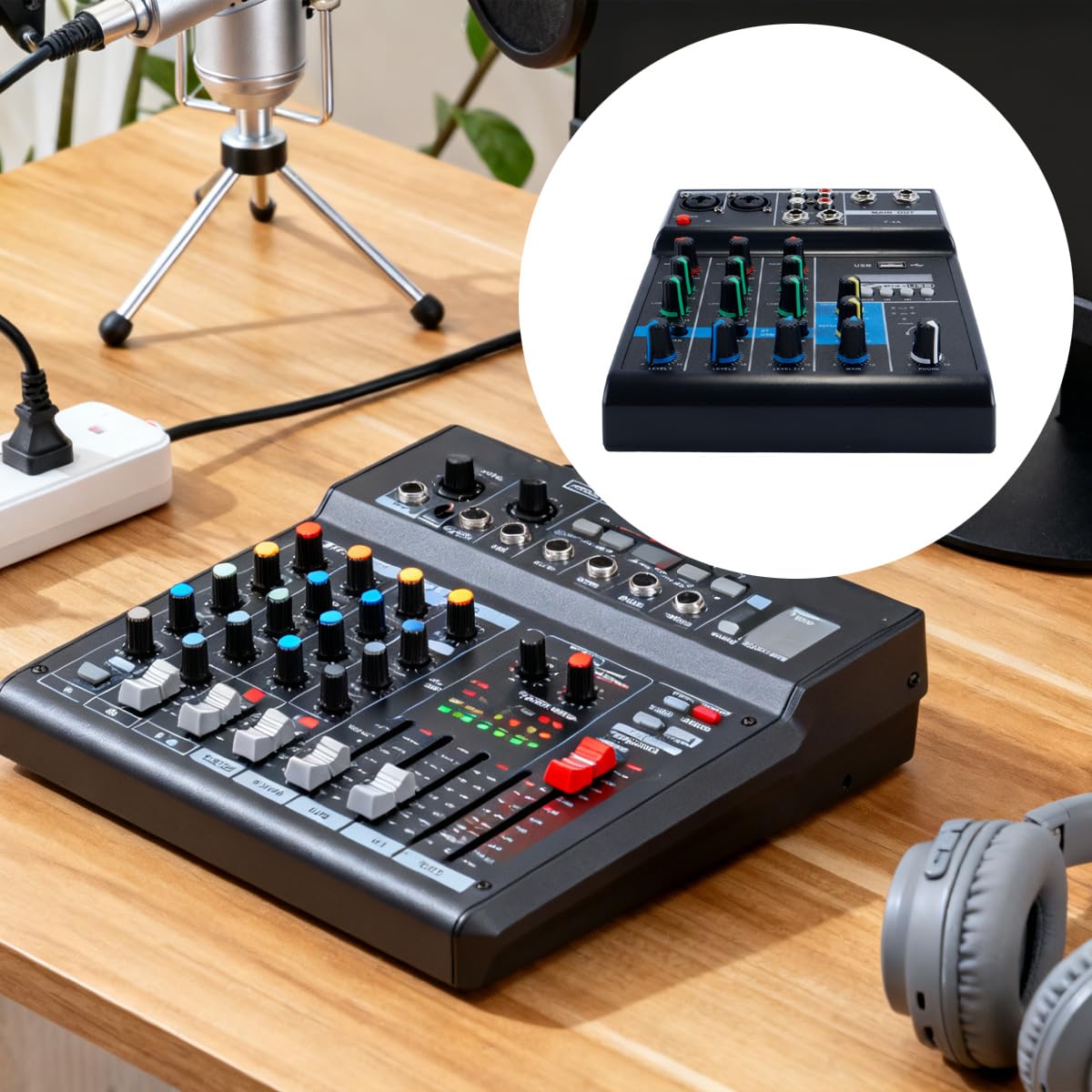 Tragbarer Audiomixer, professioneller 4-Kanal-Bluetooth-Mixer, DJ-Konsole mit Halleffekt für Karaoke, USB, Live-Bühne, KTV