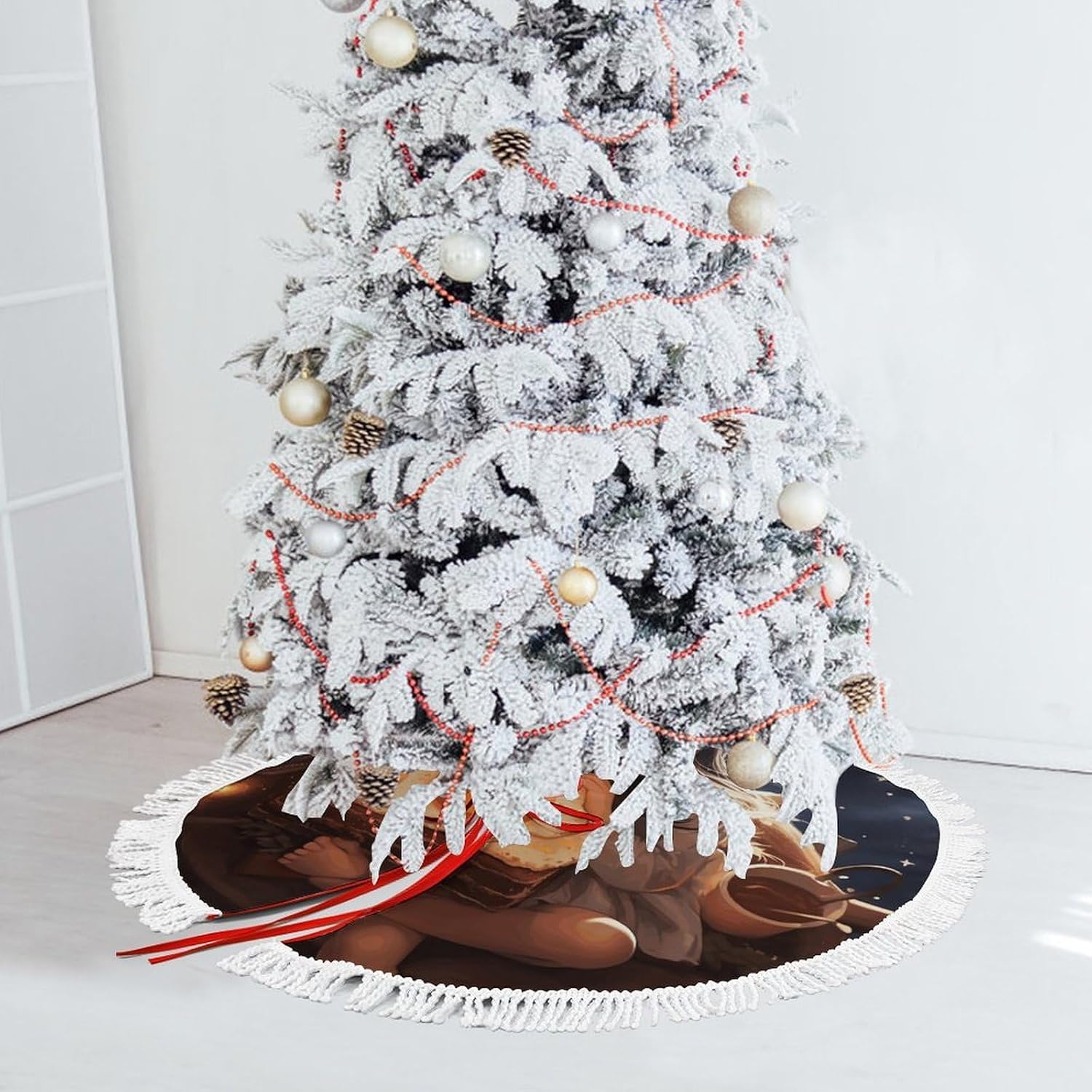 Toast in Dream Christmas Tree Skirt with Tassels Winter Holiday Tree Mat Decoration Xmas Tree Skirts Christmas Ornament for Home Seasonal Decor