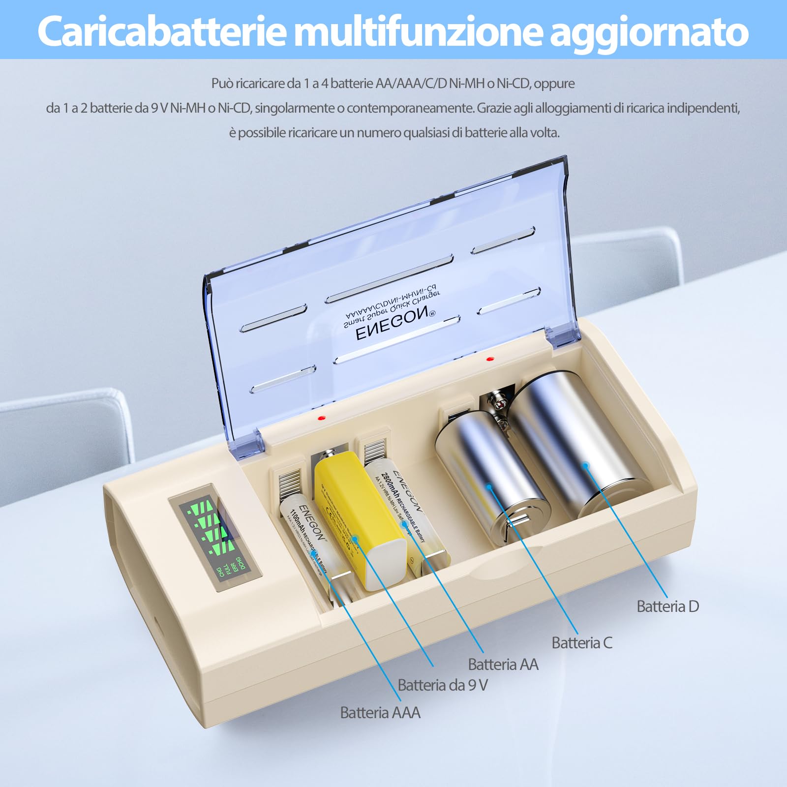 ENEGON Caricabatterie Universale per AA/AAA/C/D/9V NiMH/NiCD, con Display LCD, Funzione di Scarica e 4 Slot (Senza Adattatore)