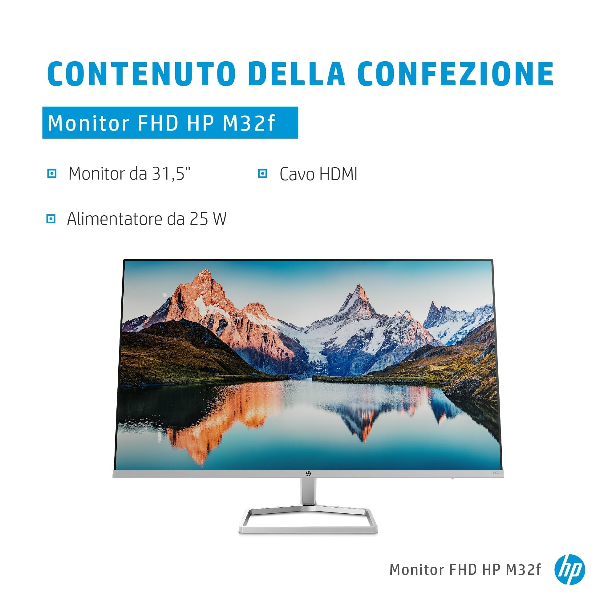 HP M32f Monitor, Display 31.5" Antiriflesso VA FHD Micro-Edge, Risoluzione 1920 x 1080p, AMD FreeSync, Tempo Risposta 7ms Overdrive, Comandi su Schermo, HDMI, VGA, Argento