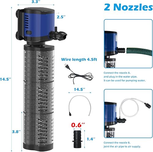 Miniatura 4 de TARARIUM Filtro de tanque de peces, potente 400 GPH para acuario grande de 75 a 200 galones, fuente de estanque pequeña, bomba de agua sumergible