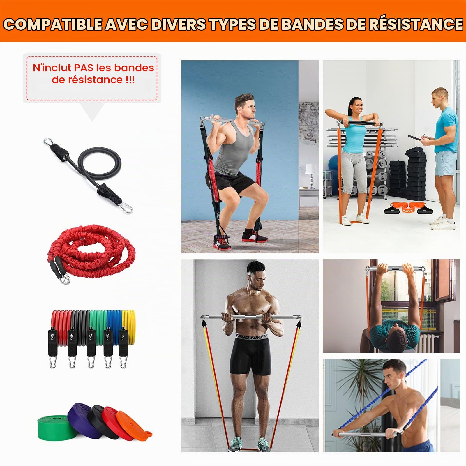 DASKING Barre de Bandes de Résistance, Détachable de 68cm/75cm/90cm/98cm Barres de Fitness, Kit de Smartworkout Bar en Acier Allié pour le Pilates,le Yoga, le Powerlifting, la musculation, le Home Gym