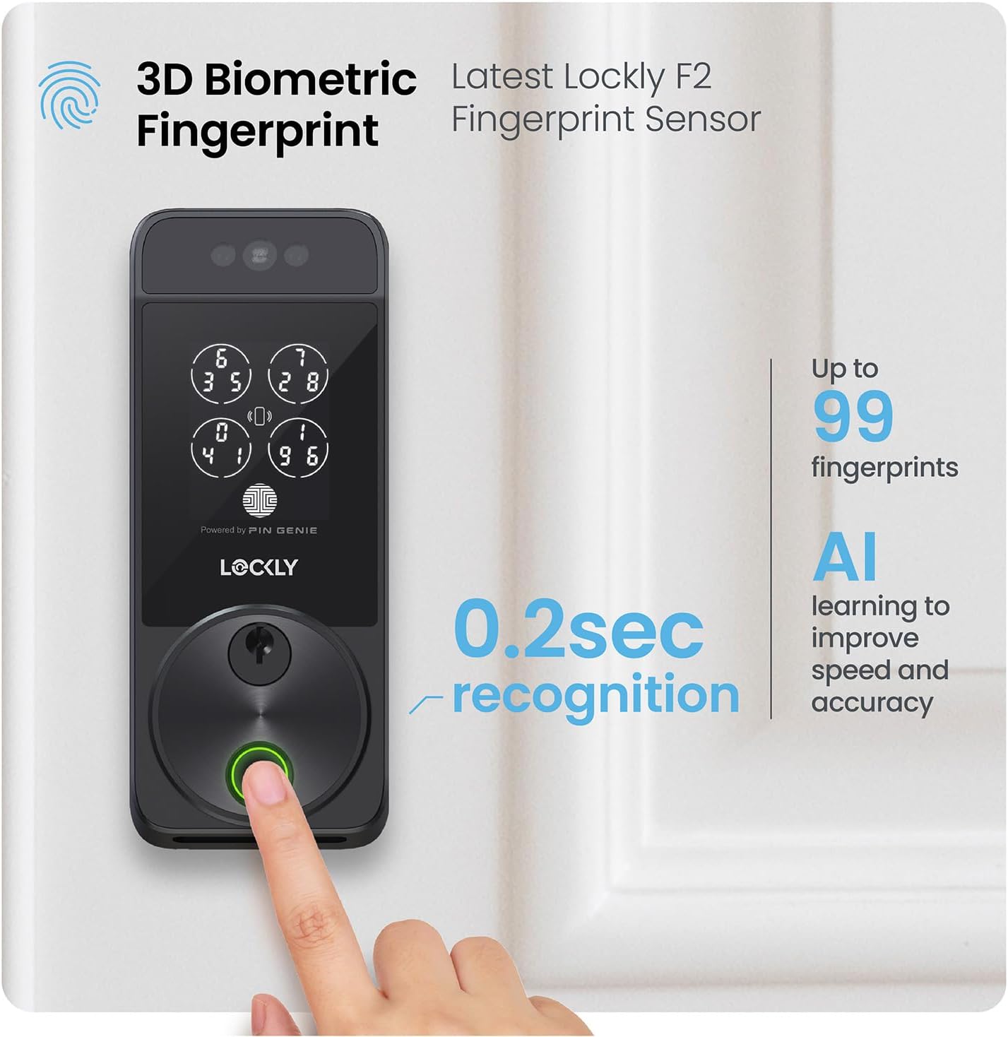 Lockly Visage Smart Lock with a finger on the fingerprint sensor, showing '0.2 sec recognition' and 'Up to 99 fingerprints'