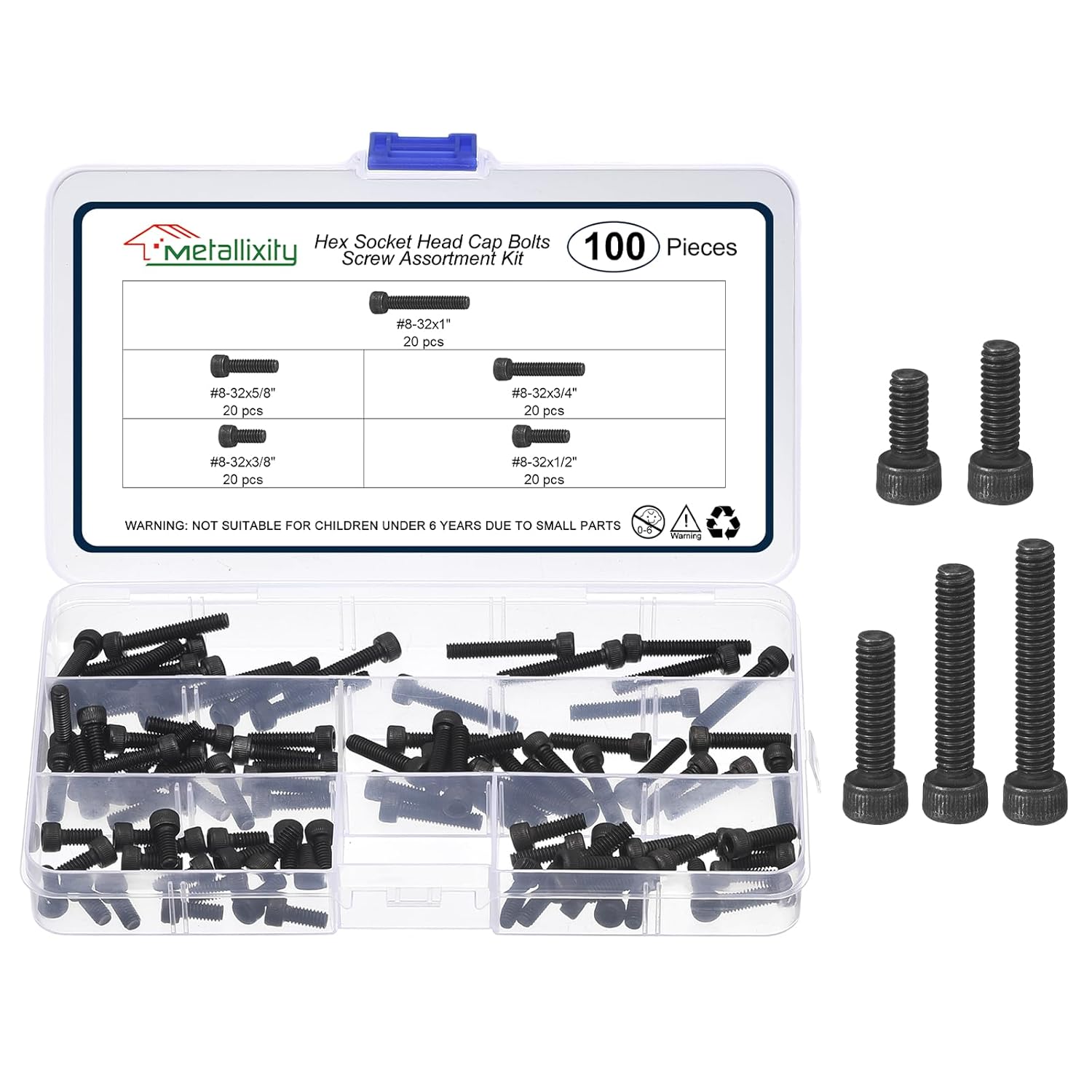 METALLIXITY Hex Socket Head Screws Kit (#8-32) 100Pcs, Carbon Steel Allen Socket Drive Metric Black Oxide - Machine Internal Hex Screw, Black
