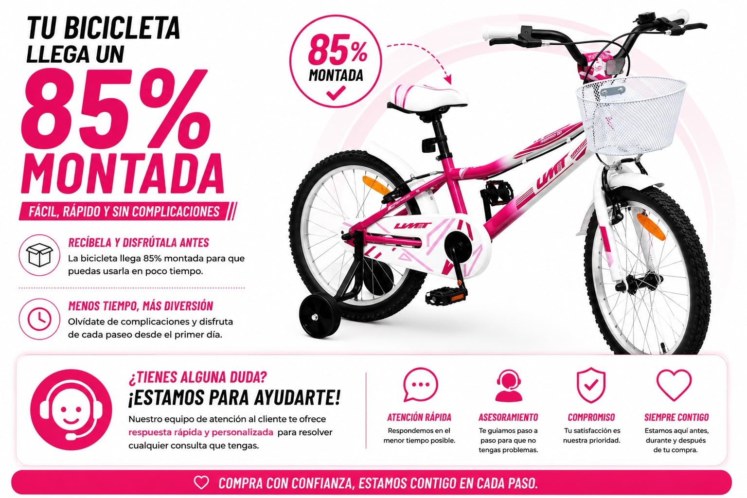 Bicicleta 20 Pulgadas niña | Bicicleta niña 6-9 años + Frenos V-Break + Estabilizadores + Cuadro Acero | Segura y Resistente
