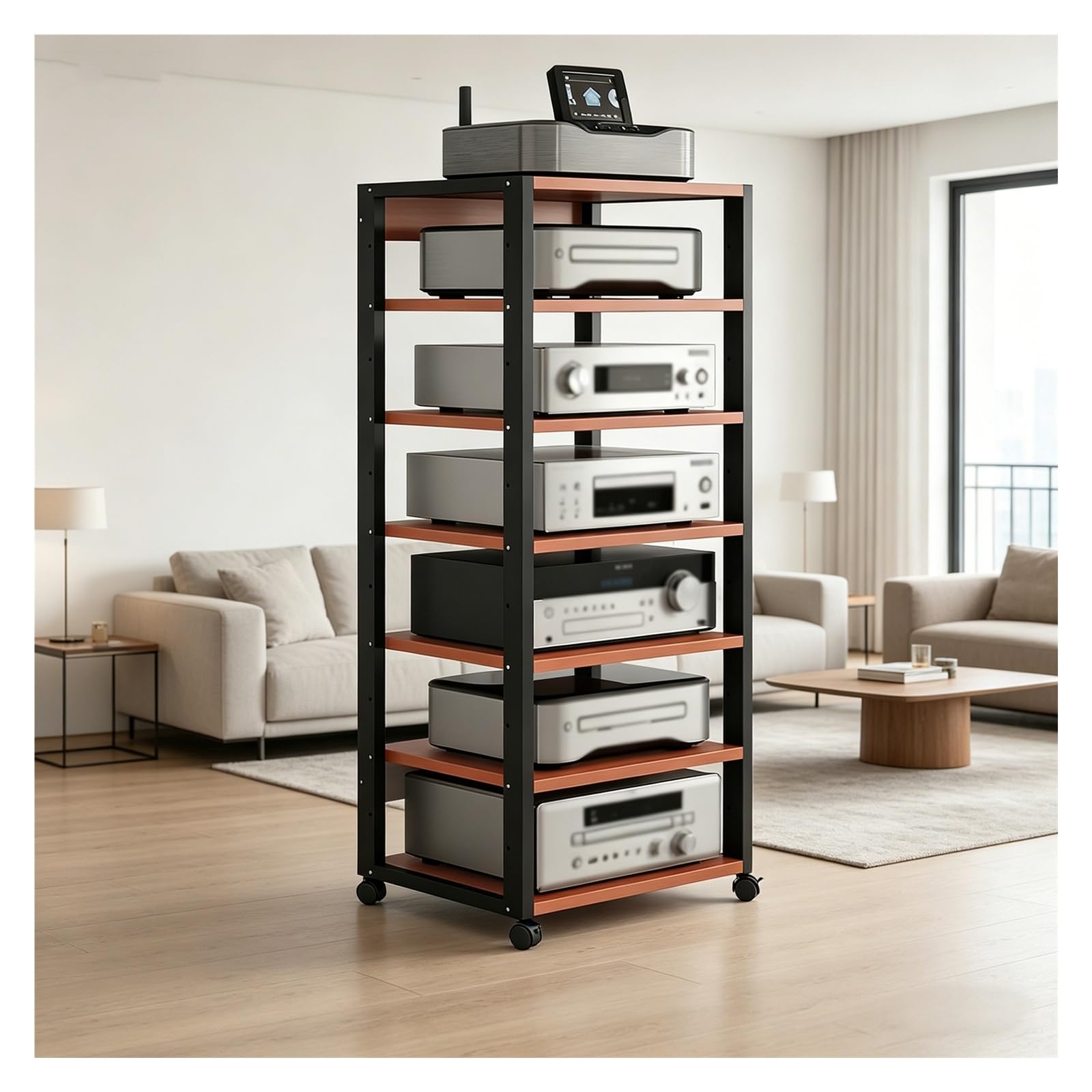 Generico mobile stereo hi fi rack hifi Mobiletto Stereo A 7 Livelli Con Ruote, Console Centrale, Ripiani Aperti For Dispositivi Multimediali, Supporto Audio Video For Ricevitori, Lettori DVD(Red)