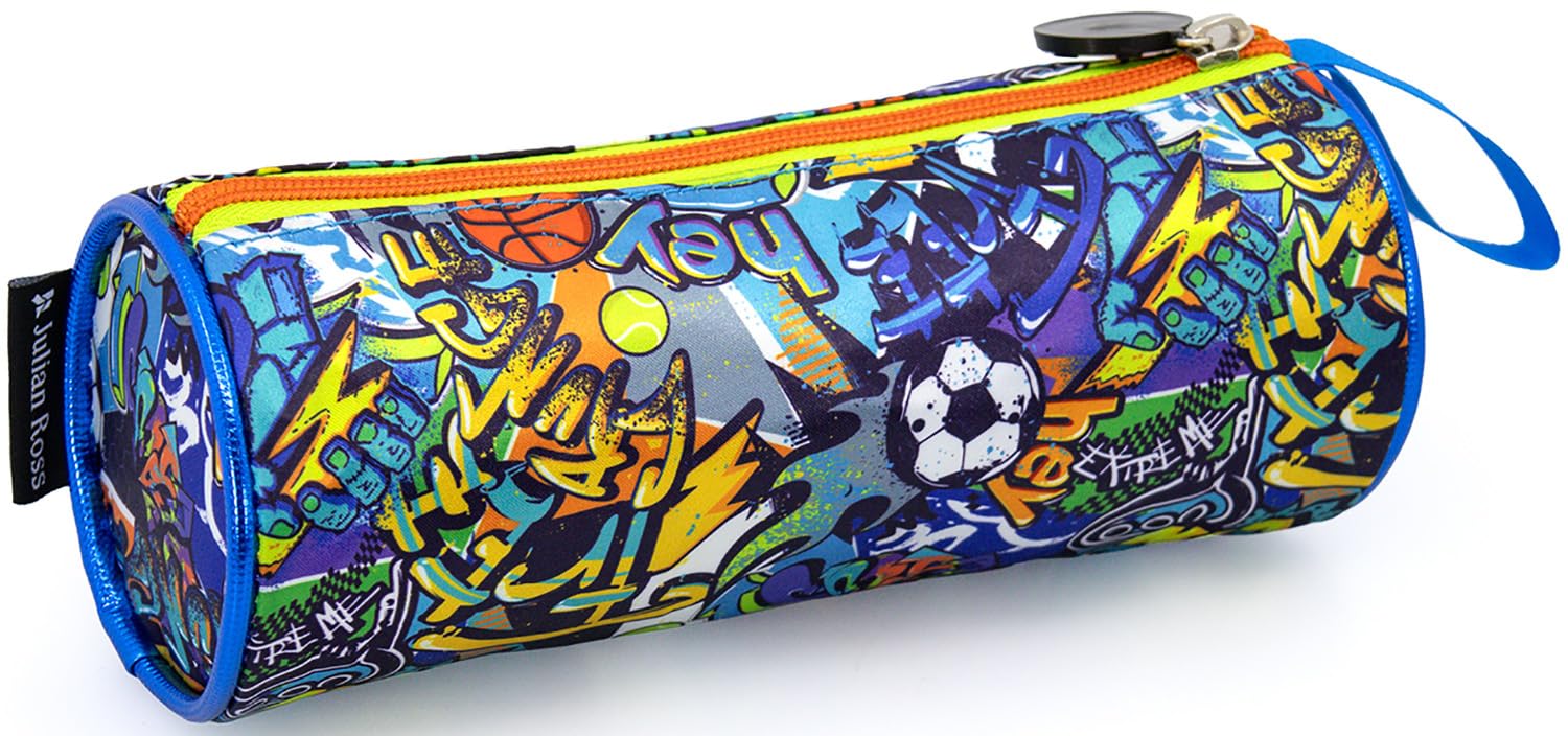Julian Ross Astuccio Tombolino per Bambino Sport Portapenne Cilindro Scuola Azzurro 21x8 cm Chiusura Zip Poliestere