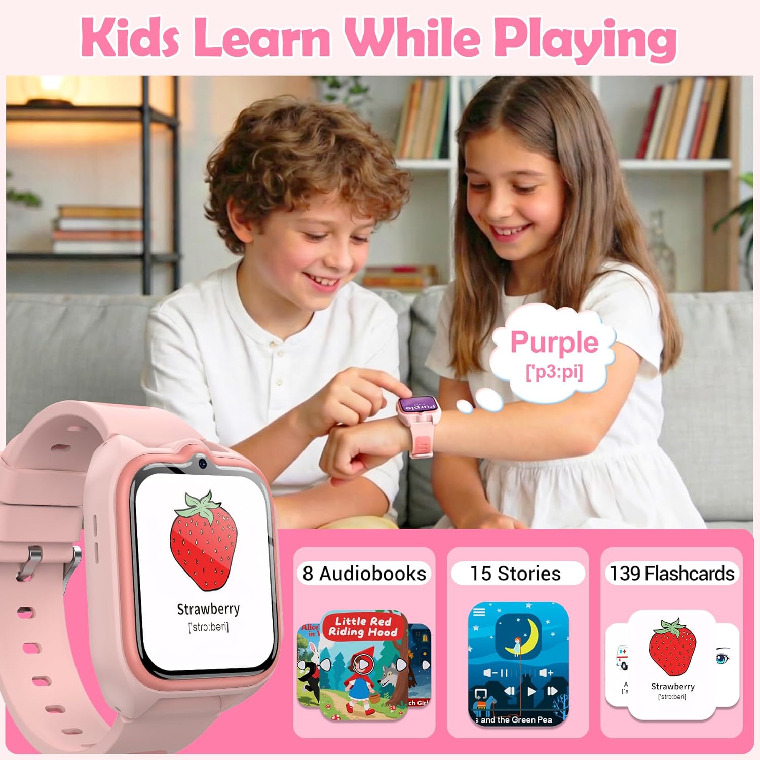 IOWODO Smart Watch for Kids No APP/Phone Needed, 1.75" Fitness Tracker Watch Pedometer with Video Music/Alarm Clock/Flashlight/IP68 Waterproof/Step Counter/Puzzle Games for Girls Boys Teens 4-12Pink