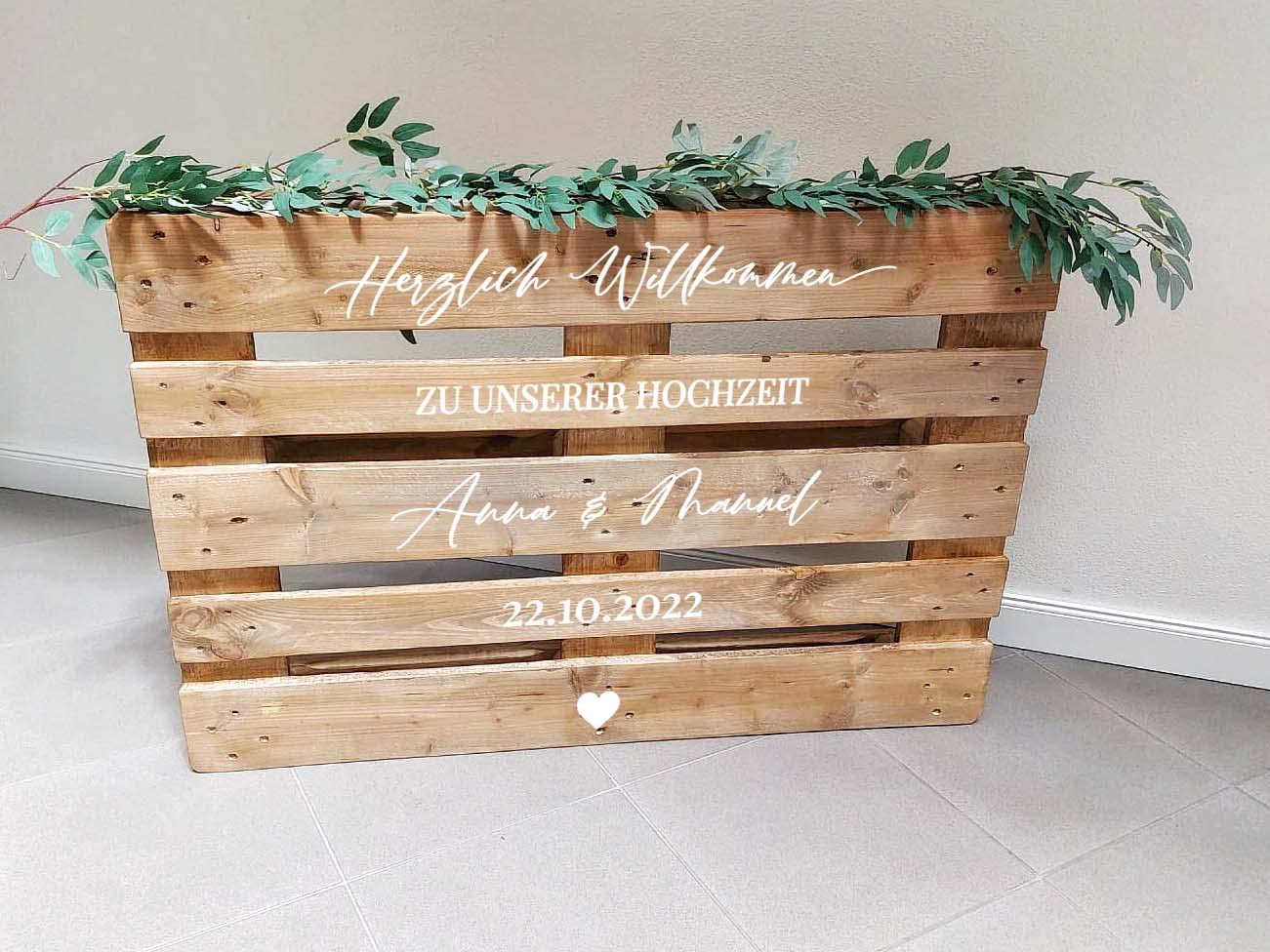 Palettenaufkleber personalisiert - Willkommen Schriftzug - Aufkleber Hochzeit 6 Designs | Hochzeitsaufkleber | Willkommensschild Hochzeit | Euro-Palette