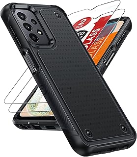 LeYi Armour Case Compatible with Samsung Galaxy A13 4G 5G/ A04S/ A23/A32 5G, Phone Cover with 2 Pack Tempered Glass Screen Protectors, Heavy Duty Hard PC Textured Shockproof Back Case Black