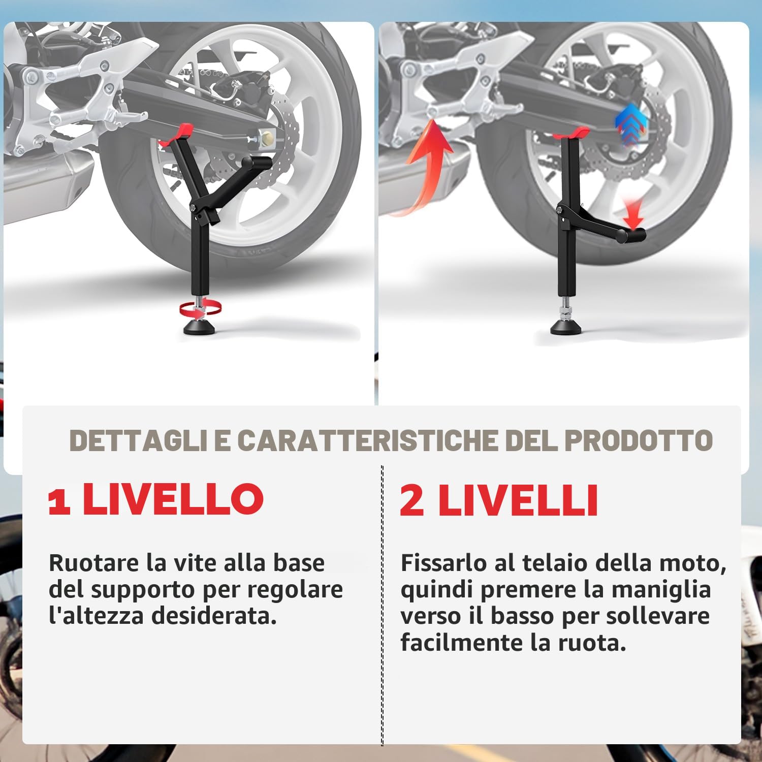 Supporto Sollevamento Ruota Moto,Supporto Ruota Anteriore e Posteriore Portatile Cavalletto Moto Universale per Moto-Rosso