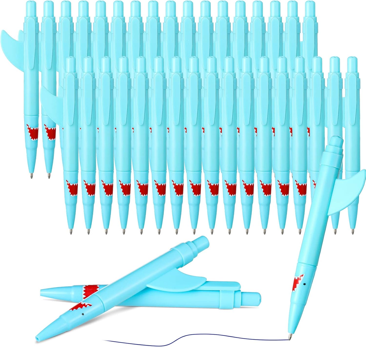 Sinmoe Shark Shaped Pens for Kids Cute Fun Pens Bulk Plastic Novelty Pencil Shark Birthday Party Favor Blue Ocean Beach Theme School Supplies for Student Gift Prize Adult Office Stationery(48 Pcs)