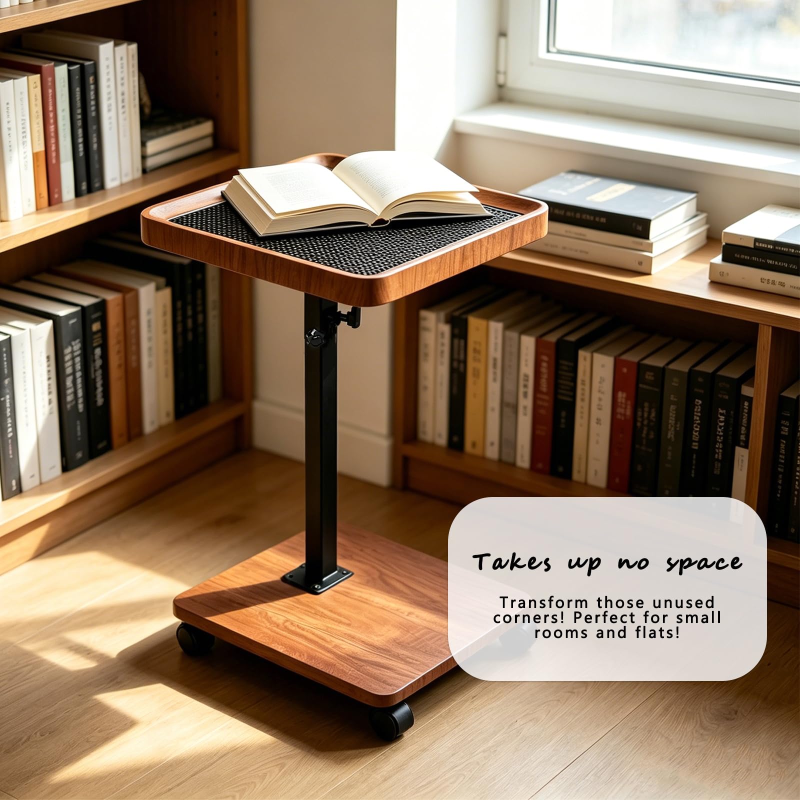 Tavolino a forma di C con ruote, regolabile in altezza 45 – 80 cm, girevole a 360°, piano in MDF con telaio in acciaio, supporto per cellulare e tappetino in silicone, 35 x 25 cm, divano e