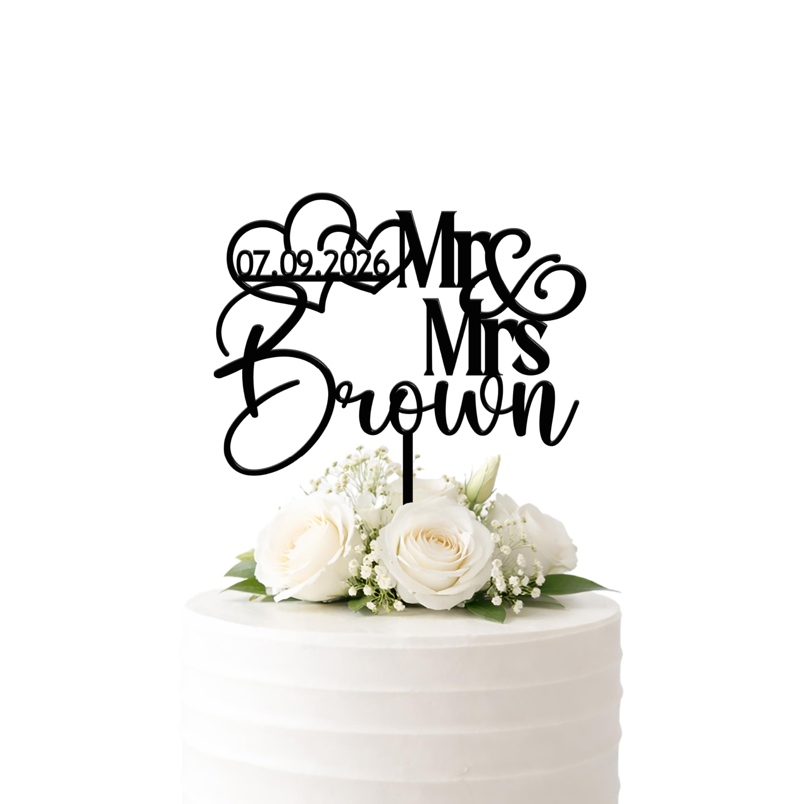 Custom Family Name Wedding Cake Topper with Heart Personalised Wedding Cake Decoration Rustic Wood or Modern Acrylic