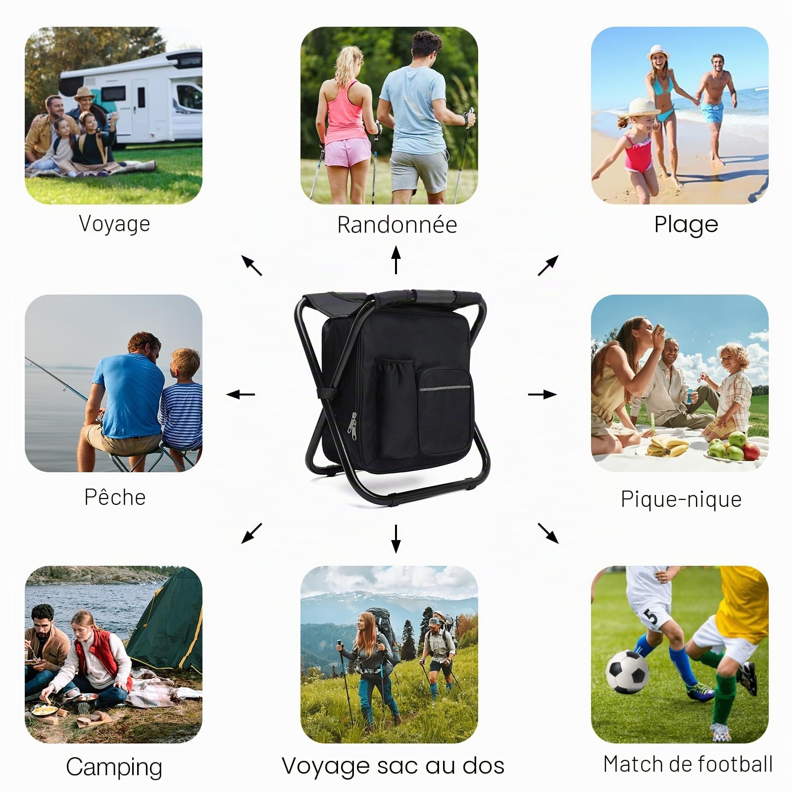 40CM Tabouret Pliable Camping avec Sac Isotherme 15L, Siege de Peche avec Sac à Dos, Compact et Fonctionnel, Chaise Pliante pour Chasse Pique-Nique, Noir