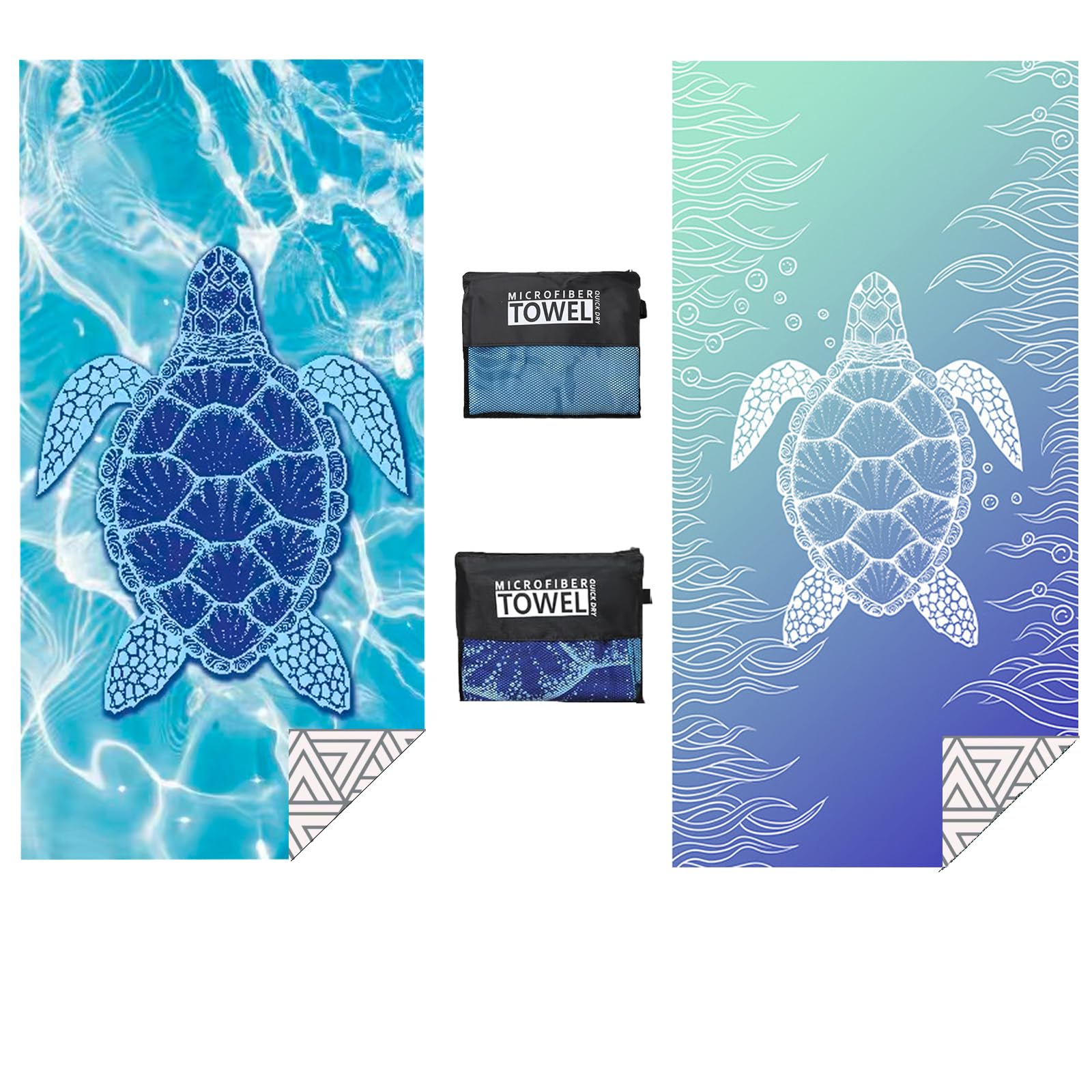 Lot de 2 serviettes de plage en microfibre pour adultes - Légères et à séchage rapide - Avec sac en filet - Anti-sable - Pour la plage, le camping, la natation, la salle de sport, le sport