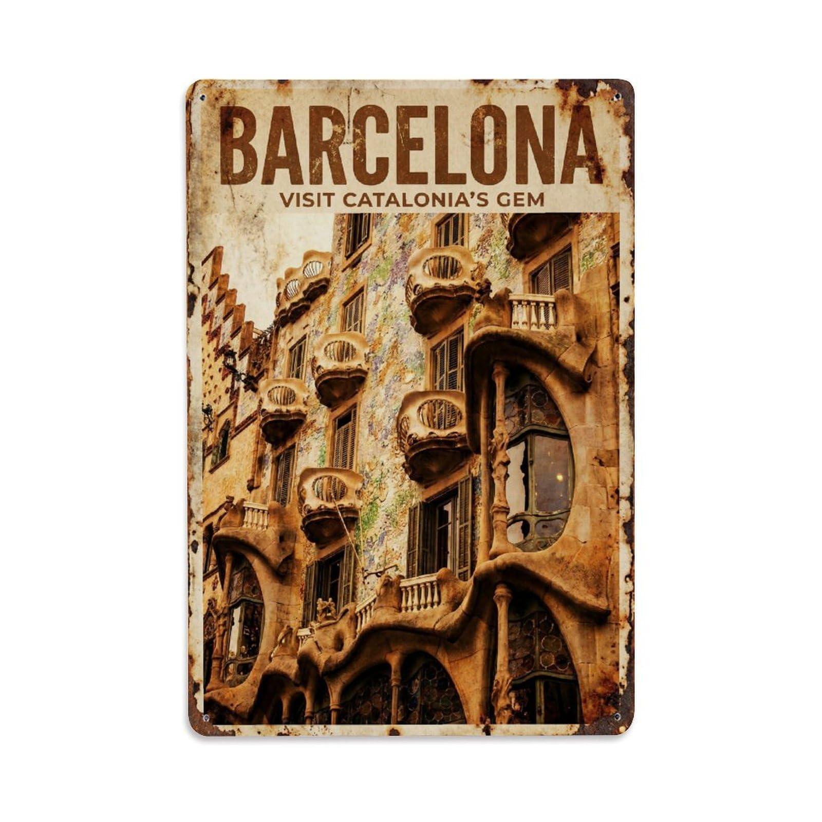 Este 8X12inch Style Vintage Travel Barcelona Spain Unique Metal Tin Sign