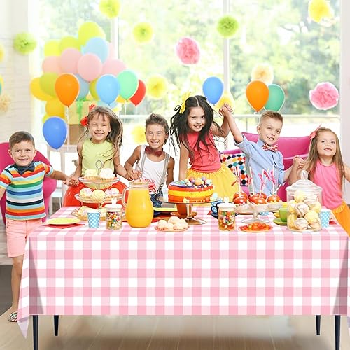 Miniatura 5 de Paquete de 4 manteles desechables de plástico a cuadros rosados y blancos de 54 x 108 pulgadas, para fiestas, bodas, picnic al aire libre,