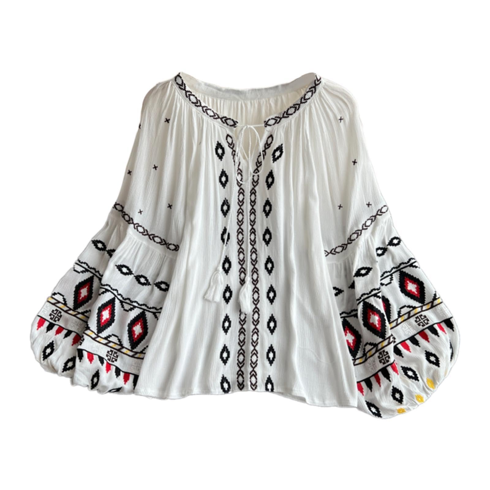 Blouse Brodée Femme en Coton Lin Tendance Coupe Droite Manches Ballon Style Ethnique Chic Vêtement Polyvalent pour Bureau Sorties Plage Fêtes
