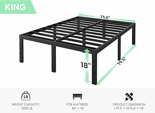 Miniatura 2 de Marco de cama tamaño King de 18 pulgadas, plataforma de metal King, montaje rápido y fácil, marco de cama resistente, no necesita somier, sin ruido,