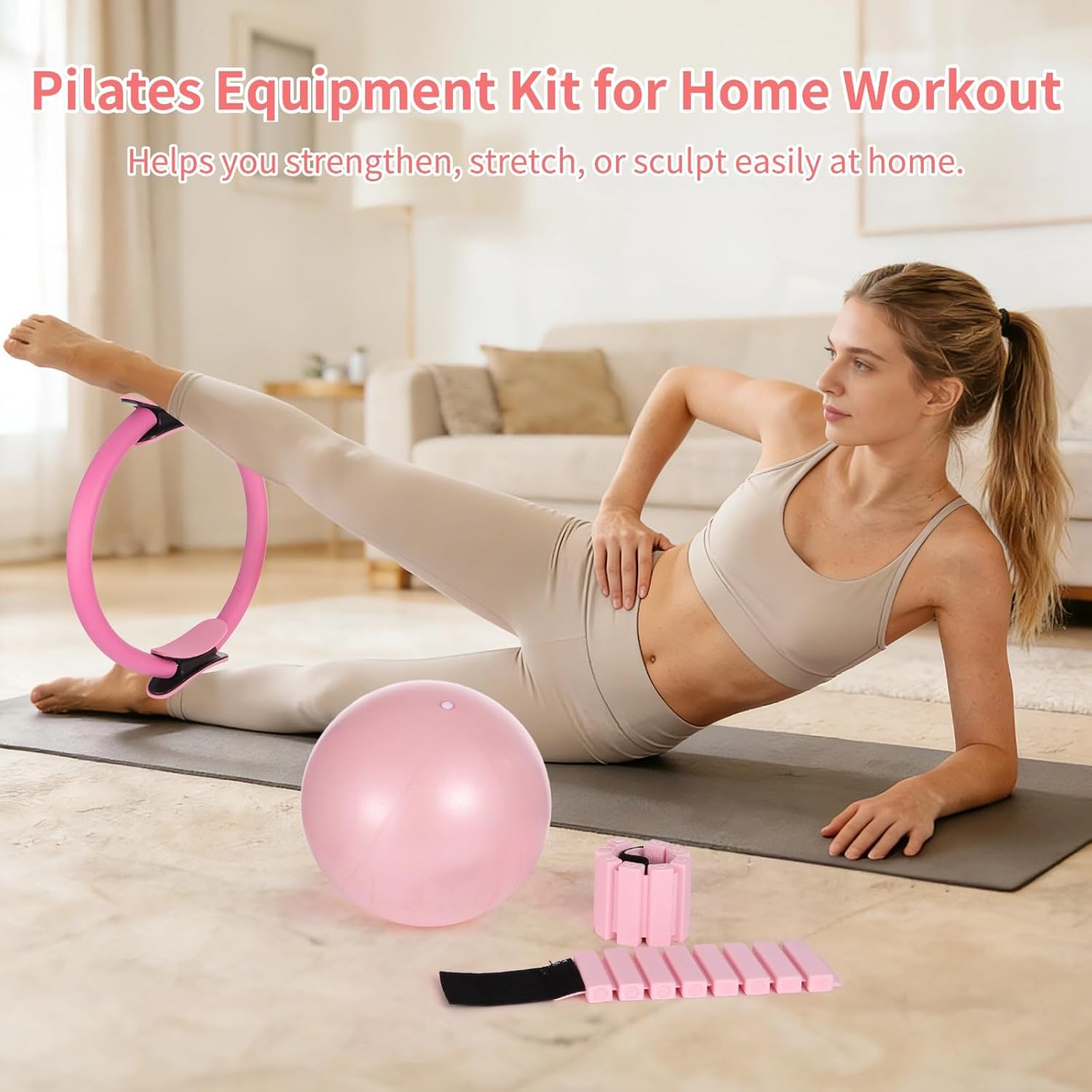 Pilates Ring Set for Home Workout, Total Pilates Equipment Kit, Includes Weights, Bands, Ball, and Tape Measure, Full Body Training for Yoga