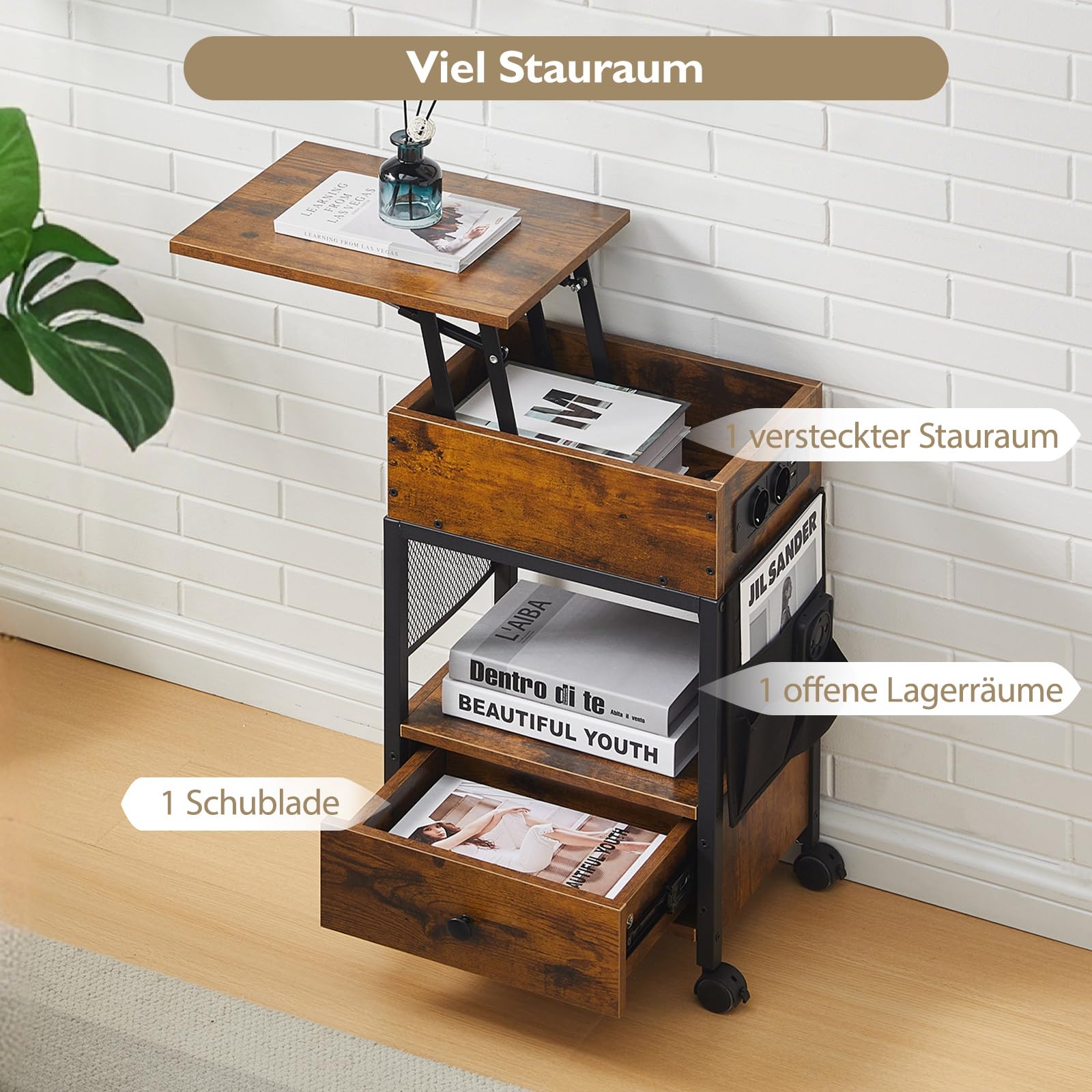 CLIPOP Nachttisch höhenverstellbar, mit Ladestation 2 USB + 2 AC 40*30*63cm