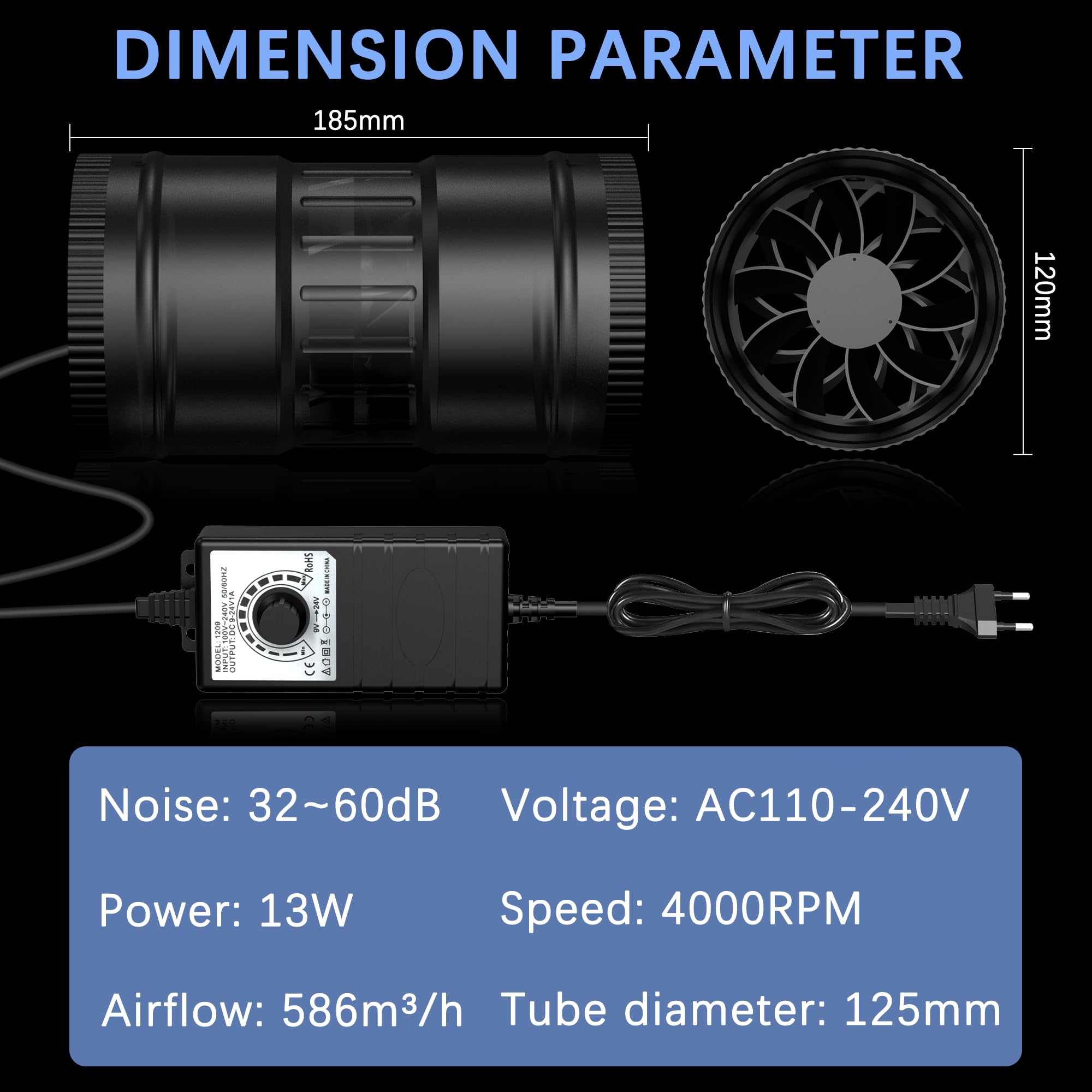 125mm Ventilador de Extracción 586m³/h Extractor de Aire con Regulador, Ventilador de Conducto con Enchufe, para Invernadero, Sótano, Garaje, Cocina.