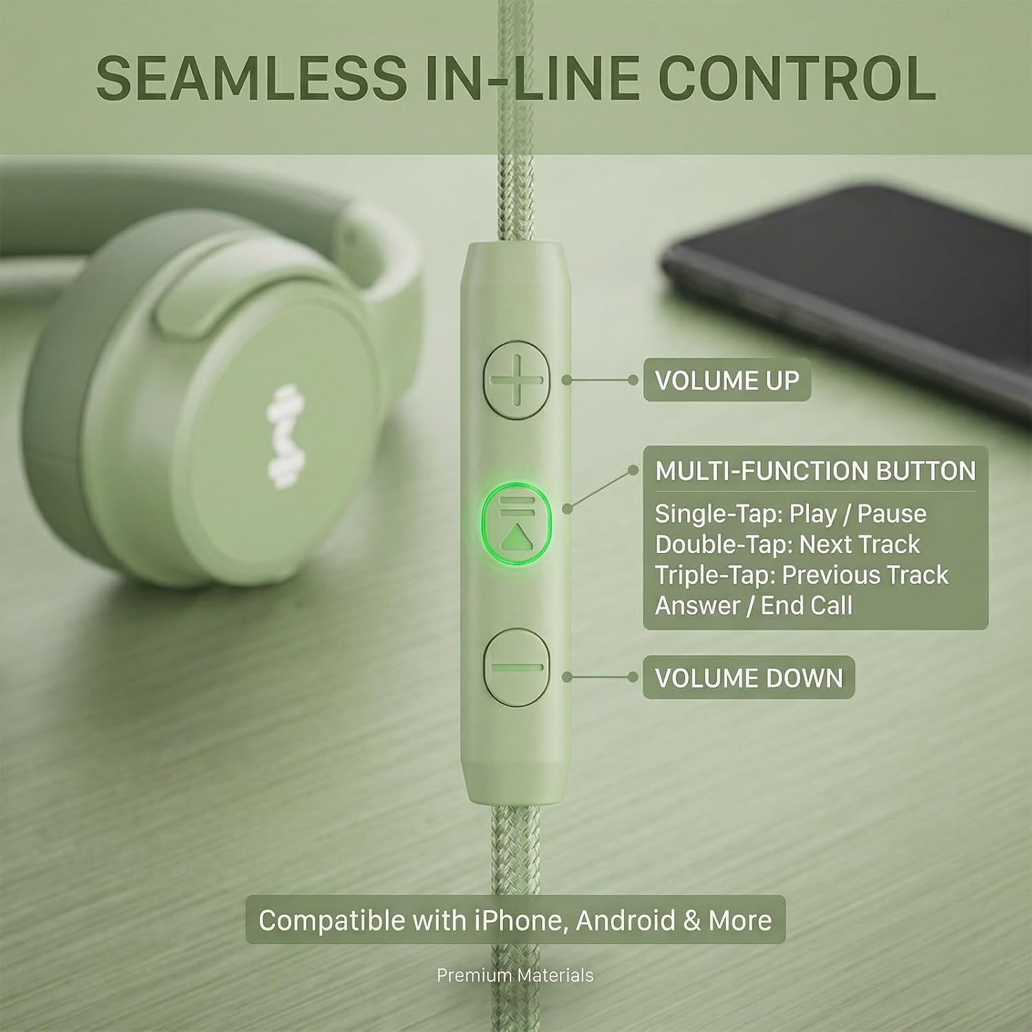 Wired Over-Ear Headphones with Microphone, USB-C Headphones with 3.5mm Adapter, Noise-Isolating Ear Cups, in-Line Controls for Work, Study, Music, and Travel(Green)