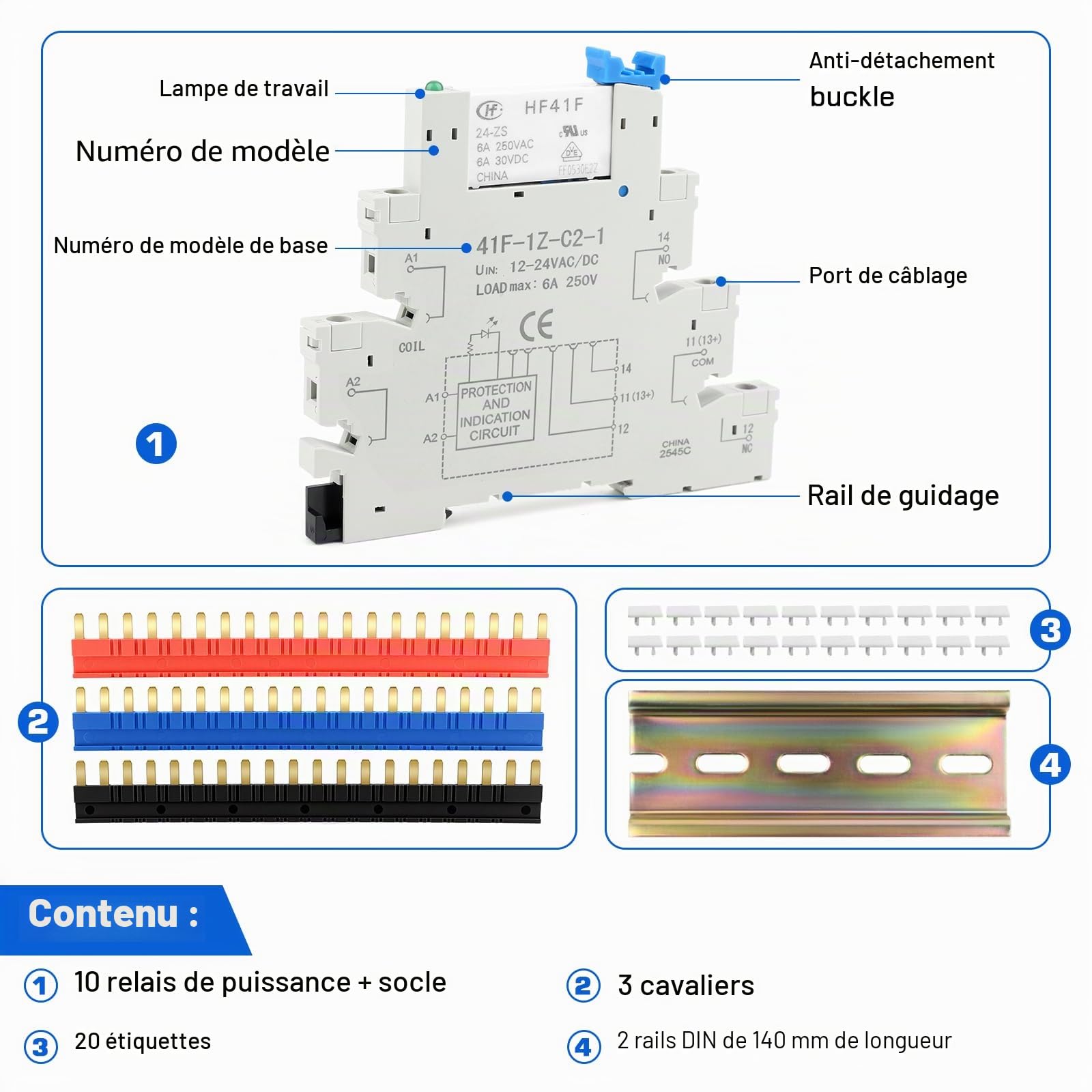 Relais 24V, Relais de Signal DIN, HF41F/24-ZS 5 Broches 1NO 1NC | 6A SPDT avec Indicateur LED, Relais 24V CC, Max 6A 250VAC/30VDC(10 pcs)