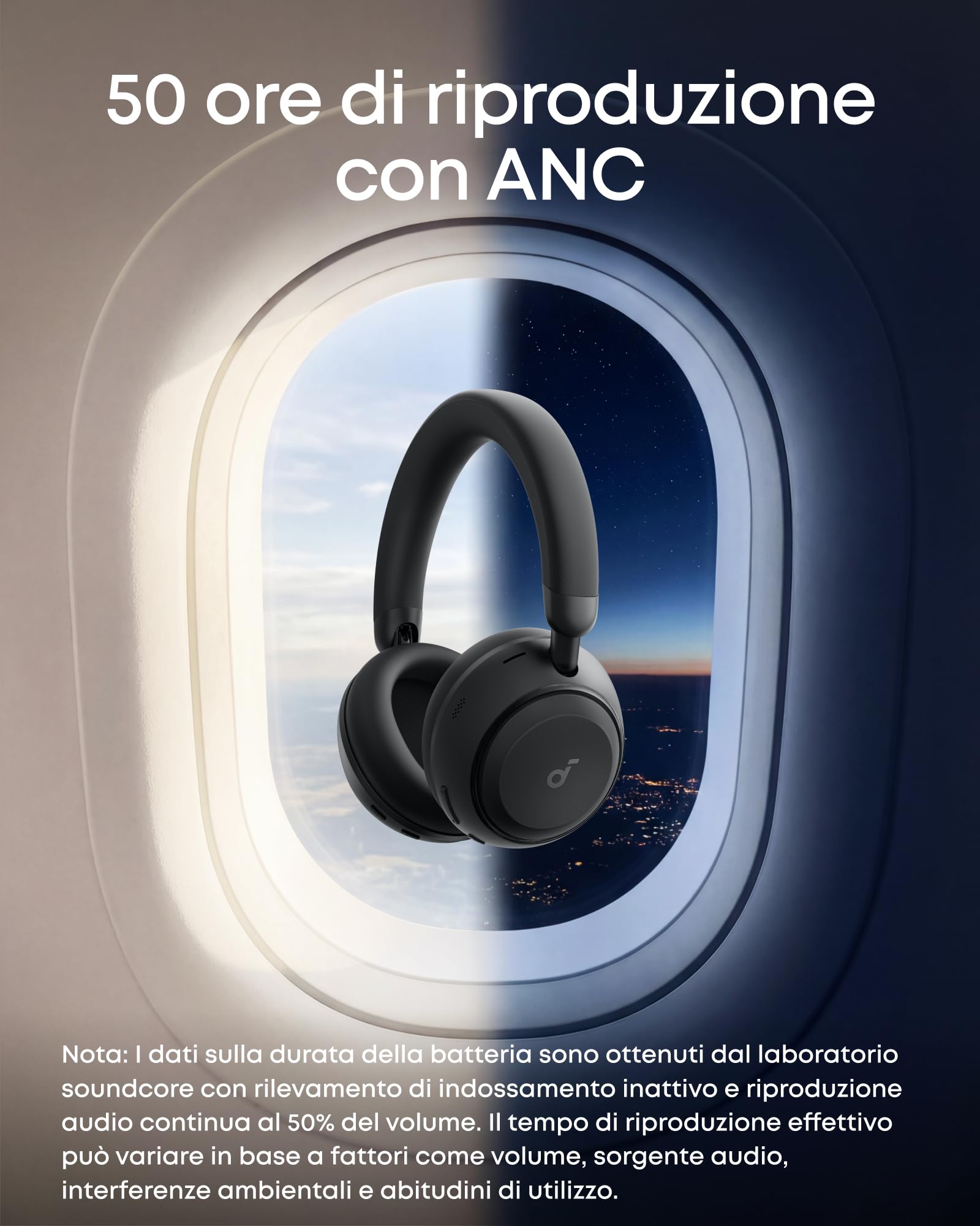 Soundcore Space 2 di Anker, Cuffie con cancellazione attiva del rumore, vestibilità comoda, 50 ore, audio wireless HD LDAC, 2 connessioni, chiamate nitide, BT 6.1, modalità Nap, rilevamento usura