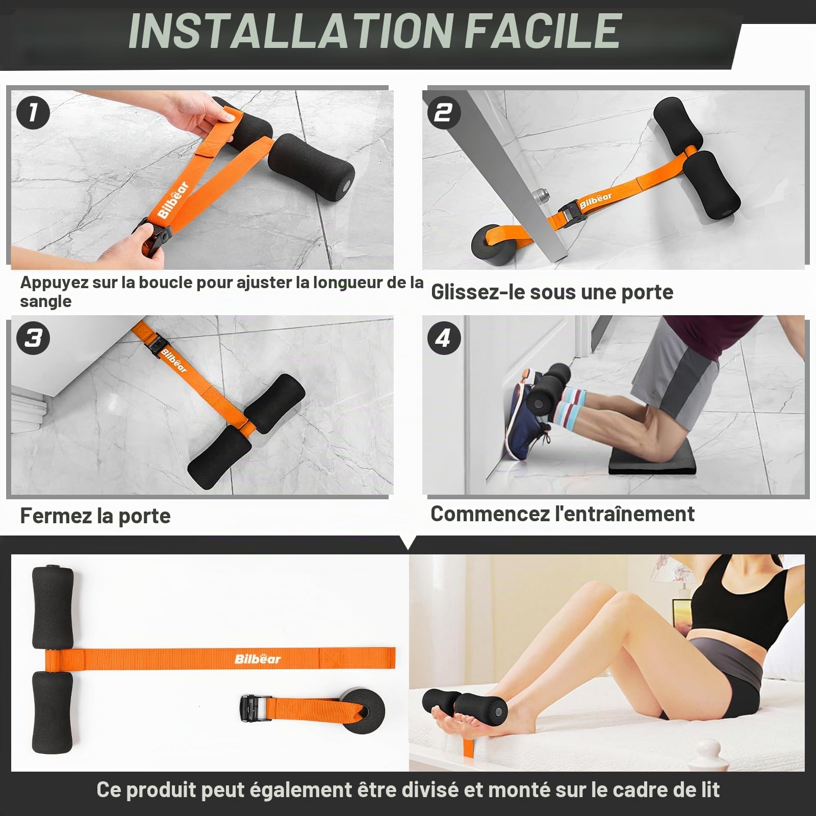 Sangle réglable Nordic Hamstring Curl avec tapis de genoux, sangle nordique portable pour boucles de hamstring, étirement de hamstring, crunch, sit-ups, machine à boucler nordique à la maison,
