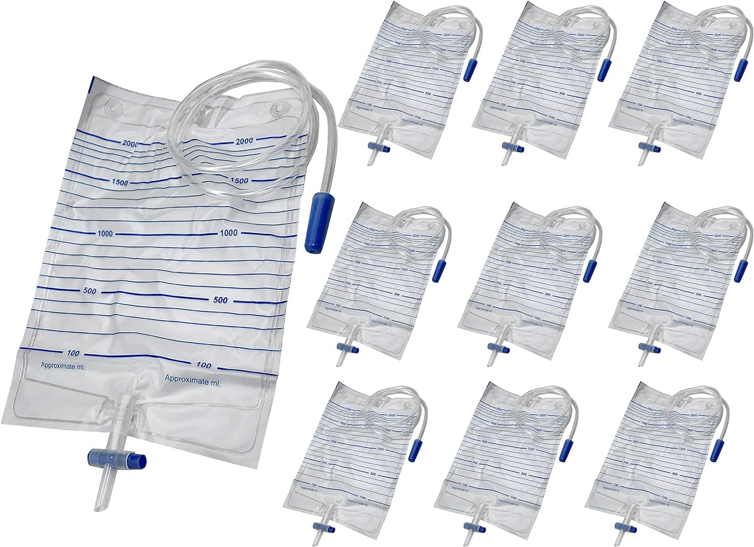 Endure - Bolsa de orina estéril desechable para adultos, 2000 ml, paquete de 10 bolsas unisex de drenaje médico de emergencia con válvula antirreflujo