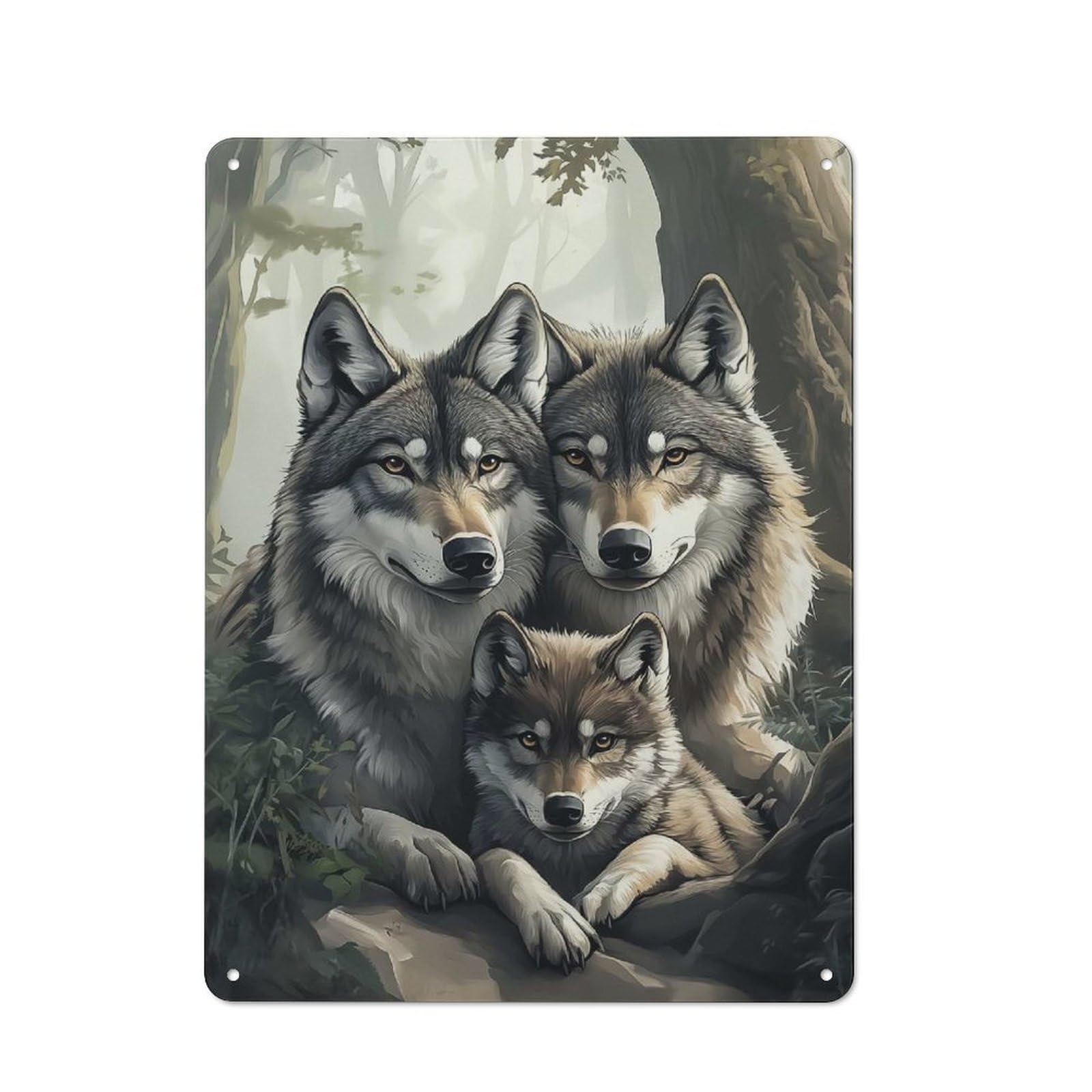 Junmoney Style-21 Tin Wall Plaque 40X30cm With Wolf Family In Forest For Garage Wall, Suited To People Furnishing A Garage