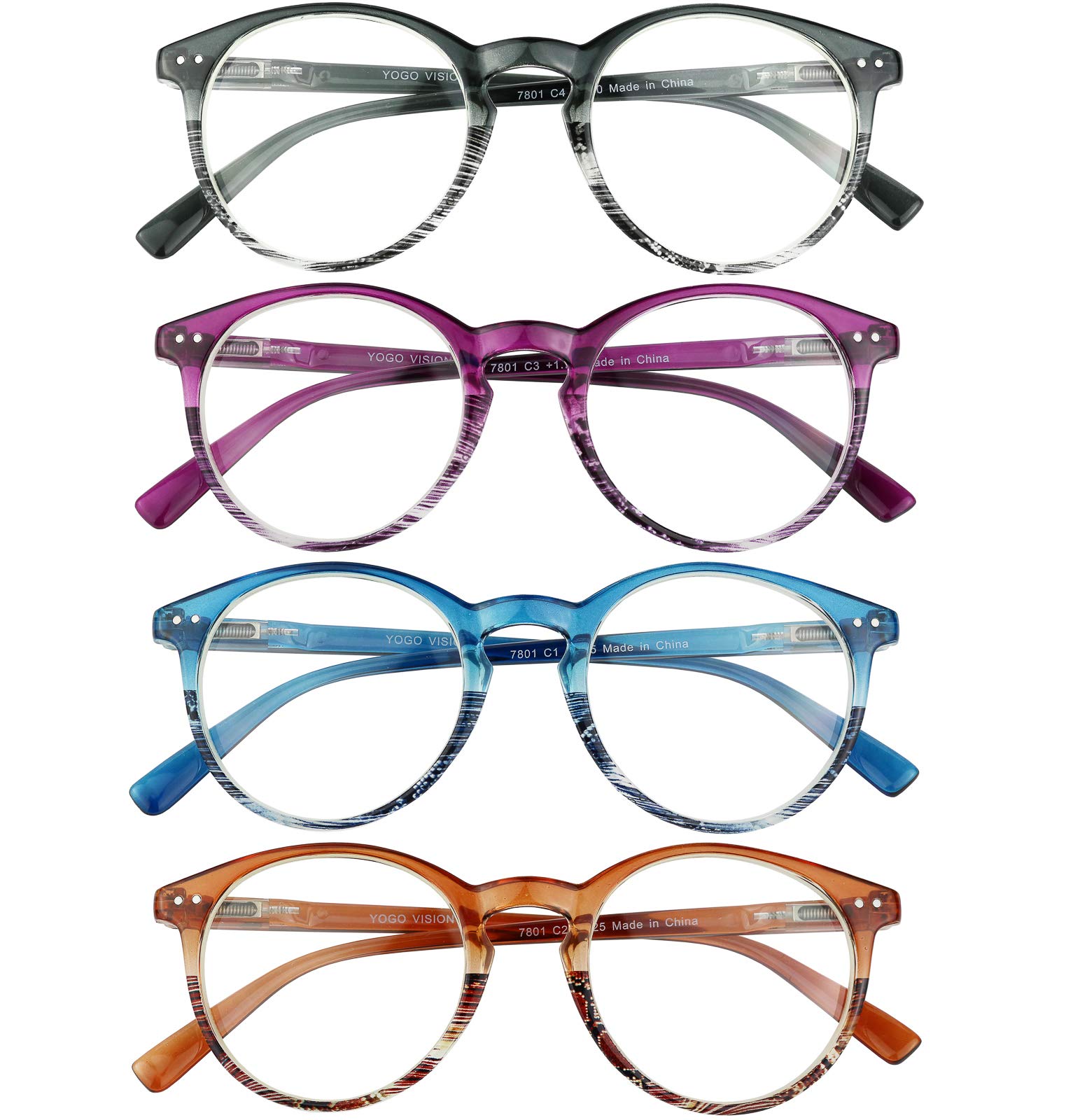 Yogo Vision Reading Glasses for Women Men Blue Light Blocking Reading Glasses Round Readers Transparent Blue, Transparent Brown, Transparent Purple, Black 2.75