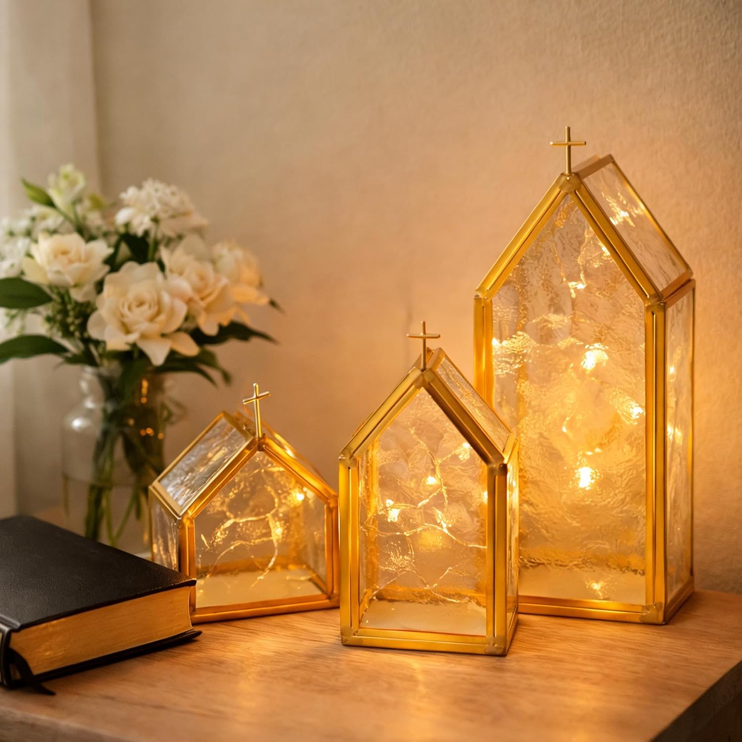Glass Candle Holder Set of 3, Gold Metal & Textured Glass House-Shaped Candle Holders for Elegant Home Decor, Wedding Table Decor, Mantel & Living Room Accents